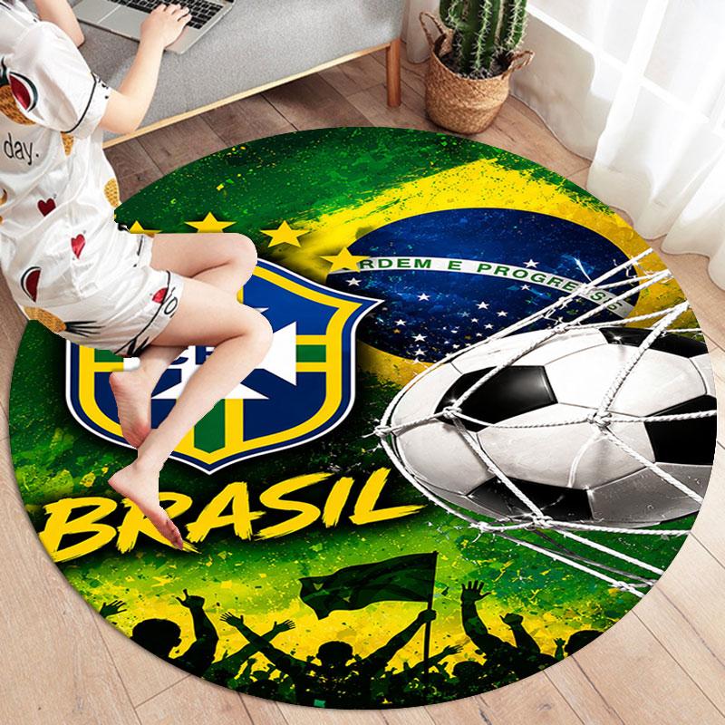 Brazil National Football Team Round Area Rug,Carpet Rug for Living Room Bedroom Sofa Playroom Decor,Non-slip Floor Mat