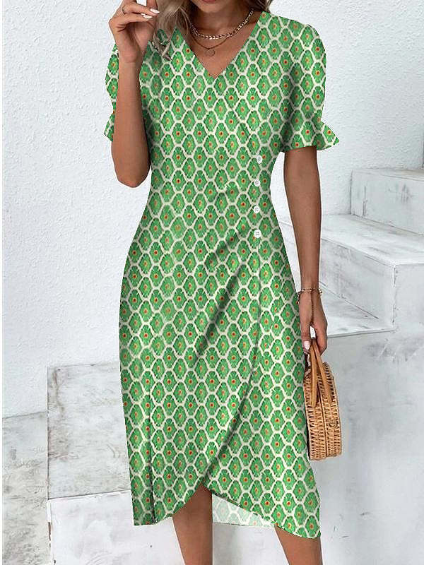 Geometric Pattern Short Sleeve Dress With 3d Digital Printing For Summer Casual Wear
