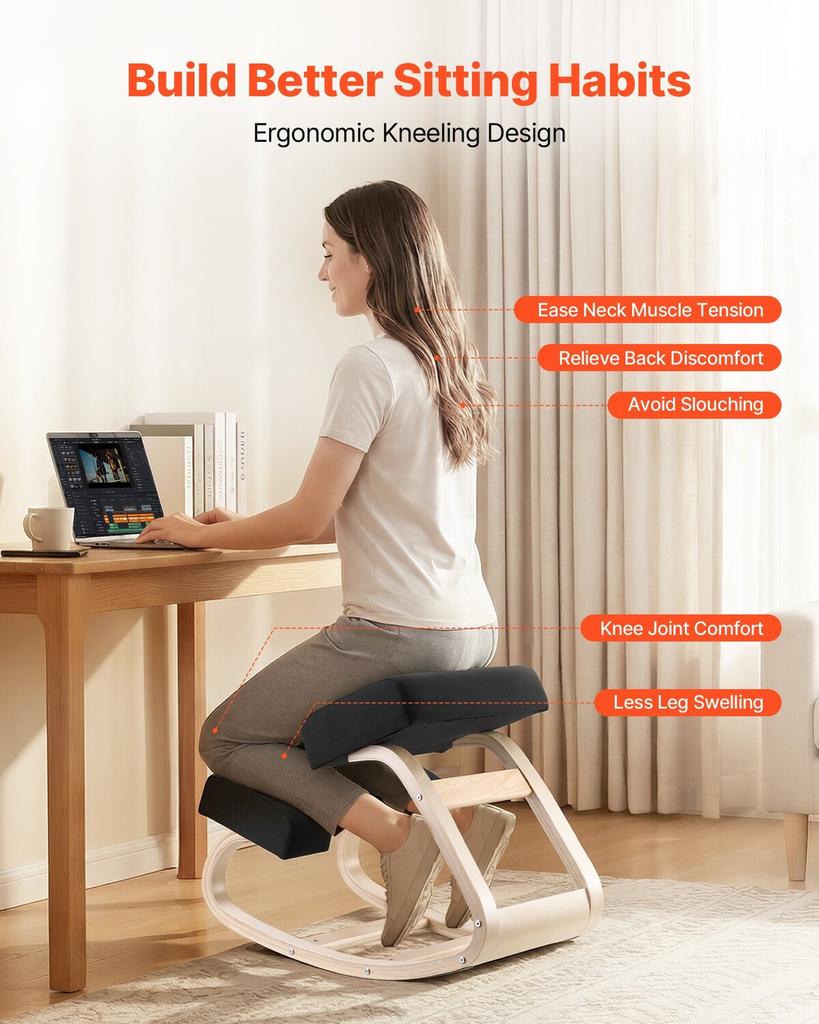 Ergonomic Kneeling Chair, Wooden Posture Knee Chair with Thick Foam Cushions and Solid Wood Frame, Adjustable Height, Natural Relief for Neck or Back