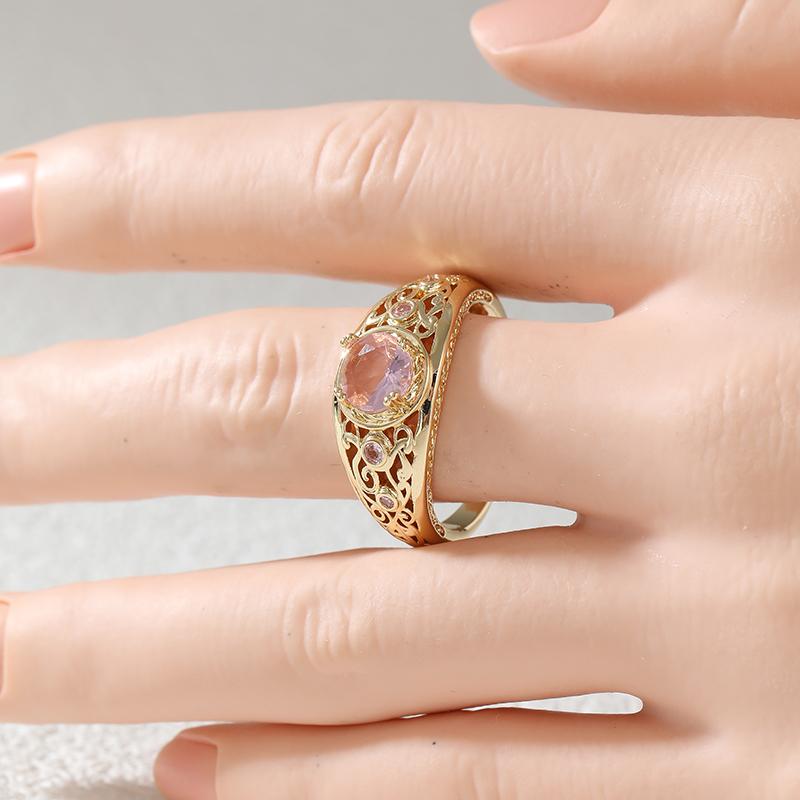 Vintage Inlaid Pink CZ Women's Ring Ethnic Gold Color Hand Carving Daily Wear Party Jewelry Anniversary Gift