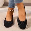 Plus Size Women's Black Suede Ballet Flats with Bow - Soft Sole & Shallow Mouth for Commuting