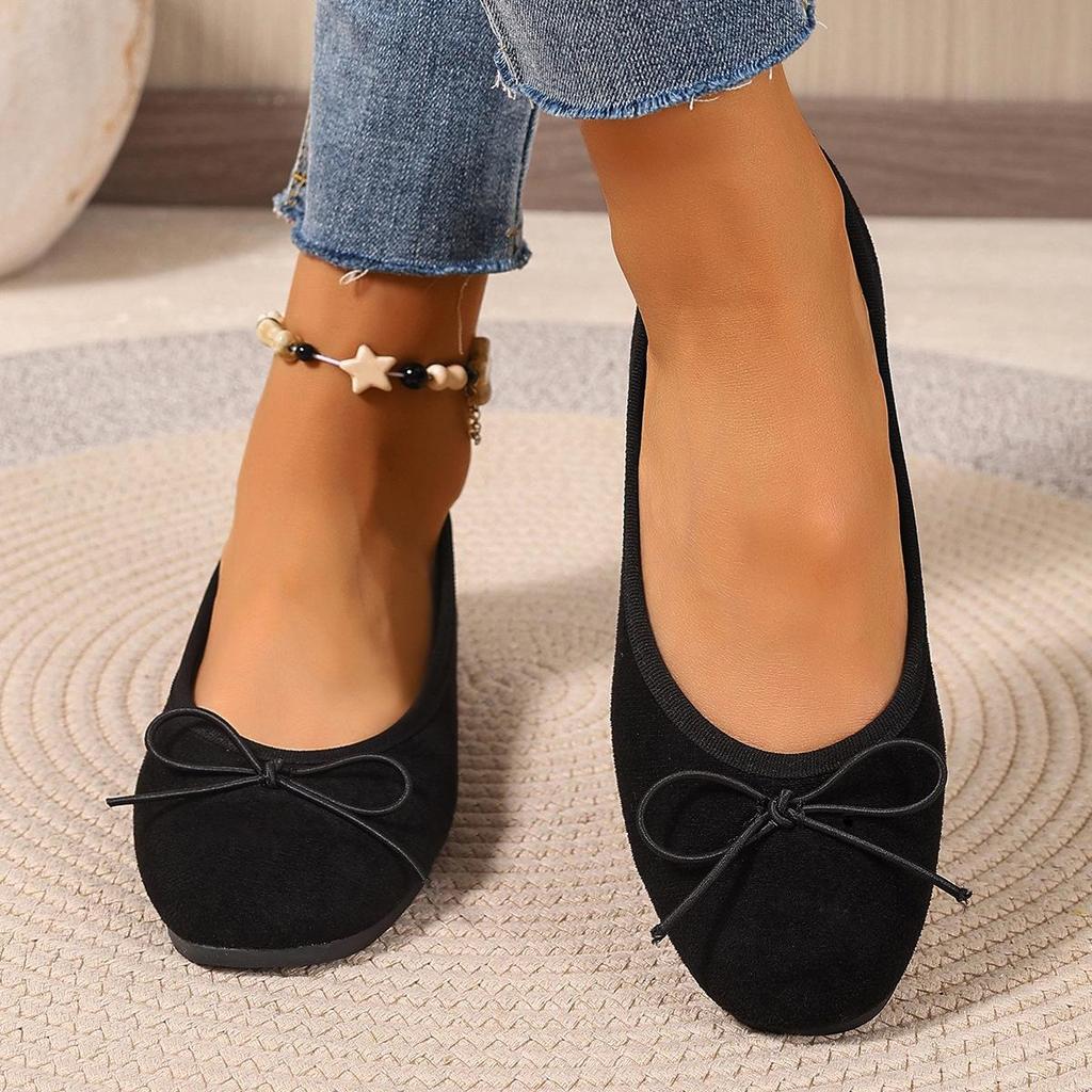 Plus Size Women's Black Suede Ballet Flats with Bow - Soft Sole & Shallow Mouth for Commuting