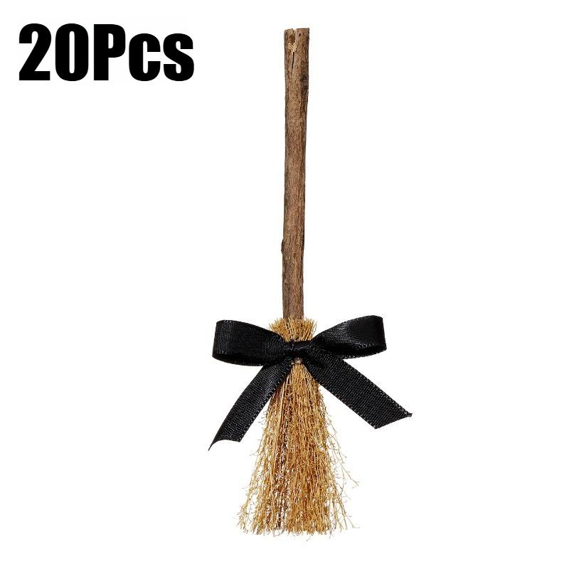 20Pcs 14cm Mini Witch Broom Halloween Decorations Straw Bamboo Handmade Ornaments for Halloween Party DIY Craft Decor Supplies