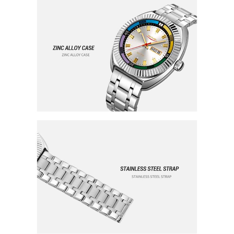 SKMEI Retro Men's Quartz Watch Fashion Sport Butterfly Buckle Steel Belt Week Calendar Large Dial Watches For Man