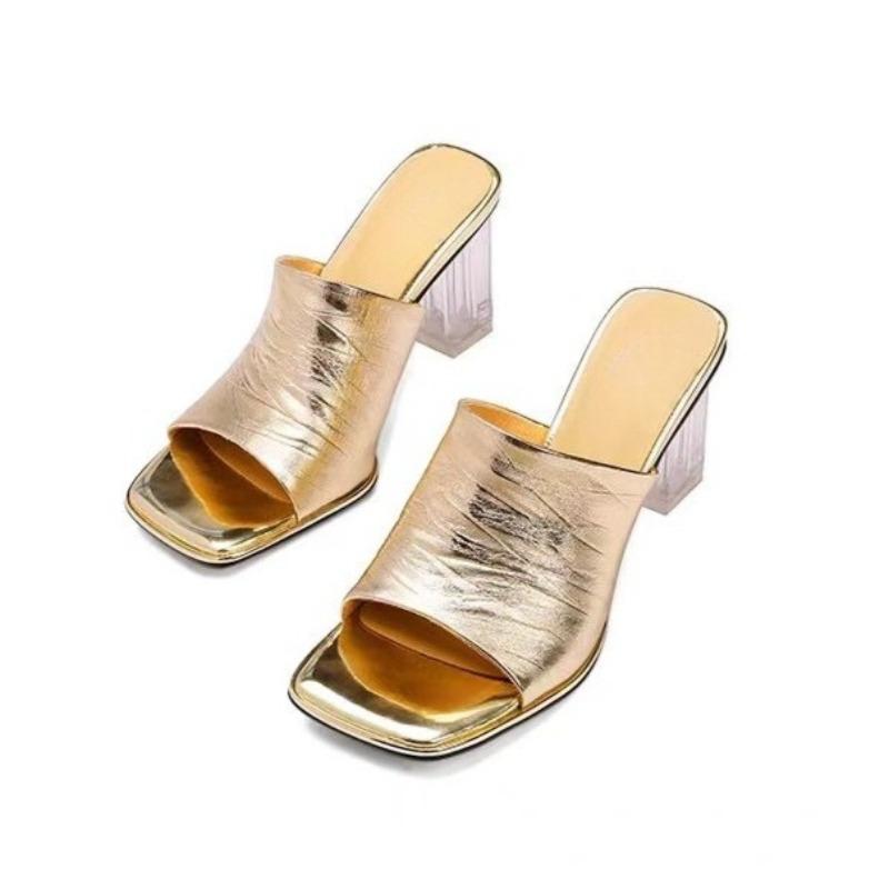 Fashion Square-toed Leather Block Heel Open-toe One-toe Slippers for Women's Outward Wear Summer Fashion New High-heeled Cool Mopping