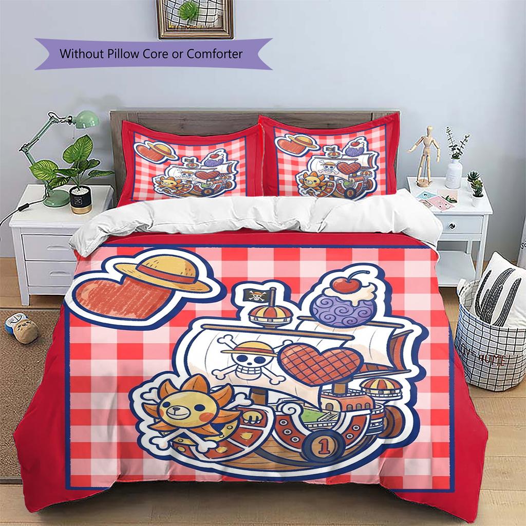 One Piece Luffy Pattern Bedding Quilt Set Quilt Cover Pillowcase Home Decoration Birthday Gift (1 * Duvet Cover + 2 * Pillowcase, Without Core)
