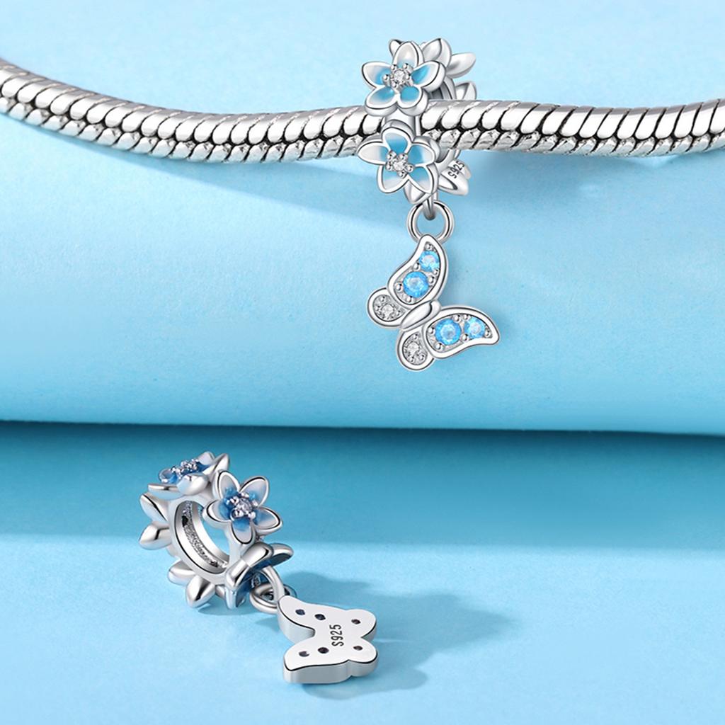 Copper Charms Original Glue-On Blue Butterfly Pendant Plant Beaded Beads Fit Bracelet Jewelry Women Gift Accessory