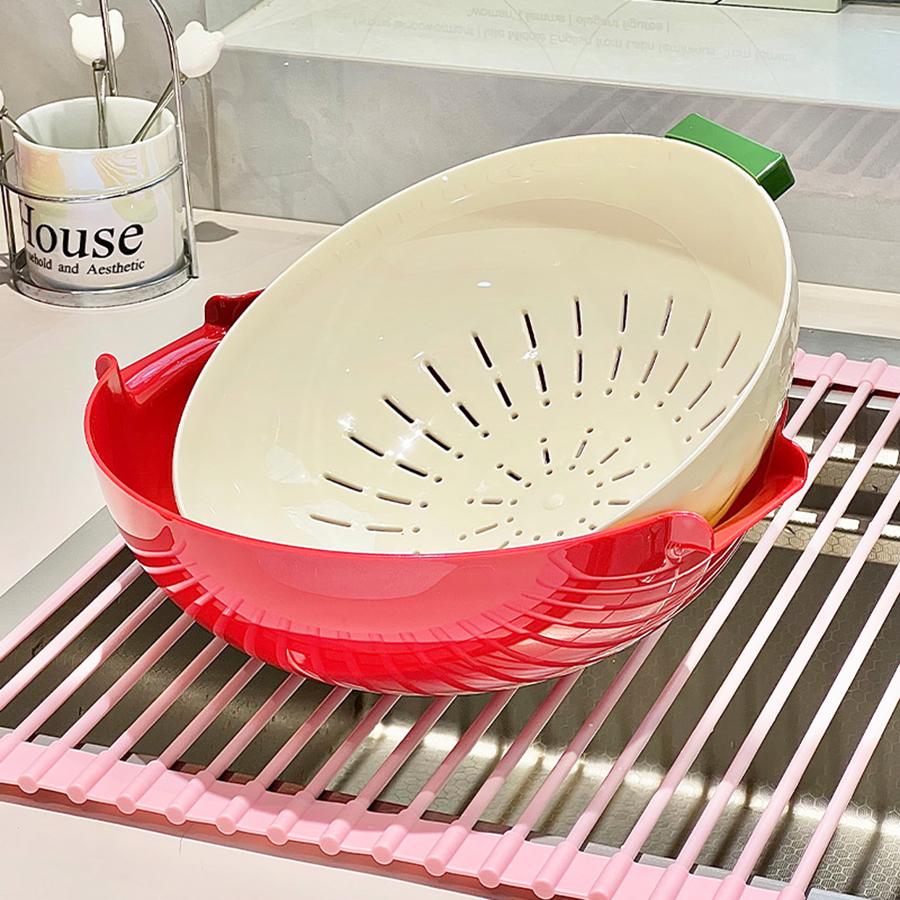 Double-layer Draining Basket Plastic Fruits Vegetable Wash & Drain Basket, Storage Basket, Multi-layer Stackable for Kitchen