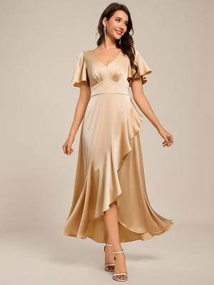 Ever-Pretty Damen Elegantes Satin Kurzarm Rüschen V-Ausschnitt A-Linie Lotusblatt Midi Abendkleid