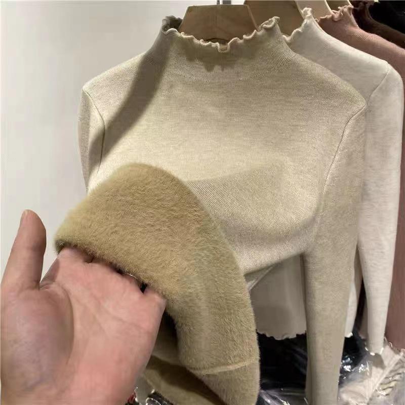 

Осенне-зимний длинный рукав вязаный базовый свитер для женщин с полувысоким воротником плюшевый повседневный бархатный пуловер женские свитера элегантный облегающий трикотаж 25276 One Size хаки
