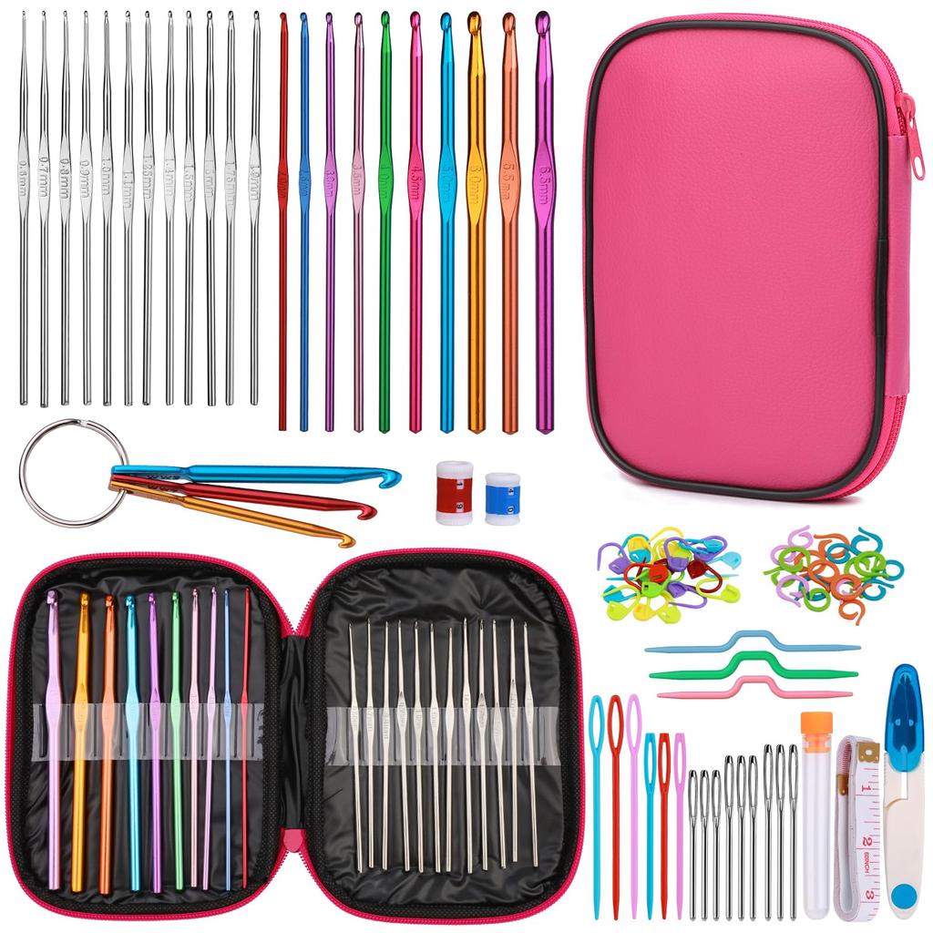 Fenrry 86PCS Crochet Hook Set Crochet Needles Set with Knitting Needles Stitch Markers Colorful Bagfor Crocheting Craft