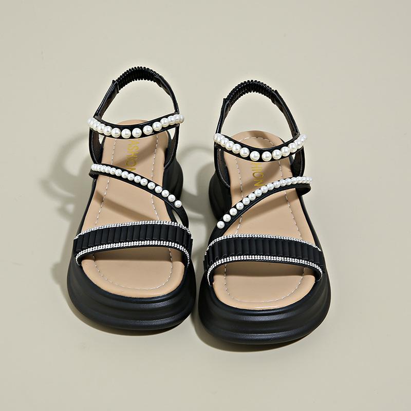 Fashion fairy style sandals female 2025 thick-soled hollow one-word pearl buckle belt simple beach sandals