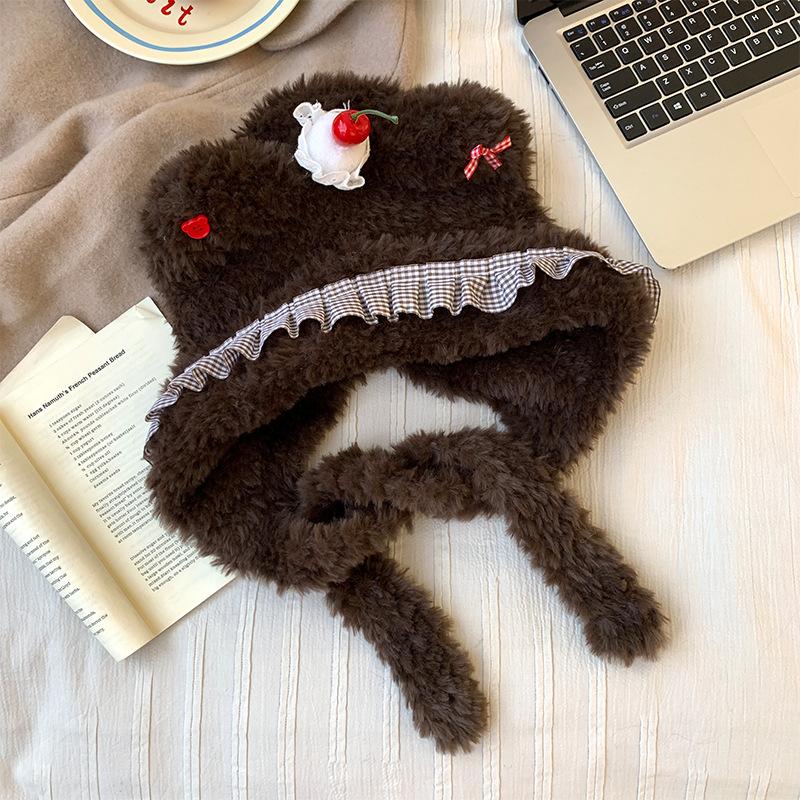 Cute Cherry Bear Plush Hat Women's Winter Thickened Warm Baotou Ear Protector Hairy Riding Lei Feng Hat