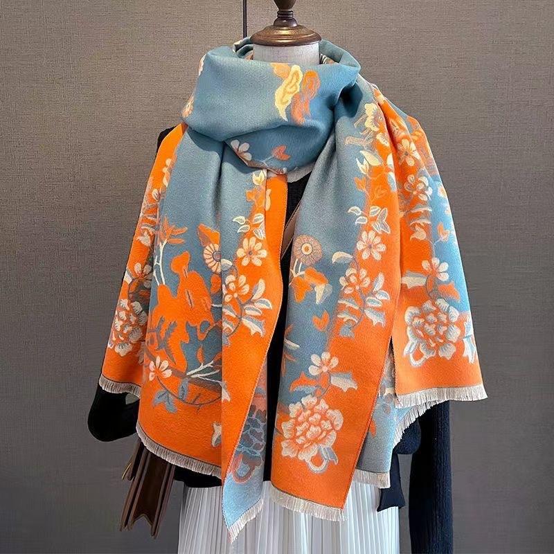 Autumn and Winter Landscape Classic Print Thickened Warm Women's Shawl Imitation Cashmere Skin Friendly Short Fringed Scarf