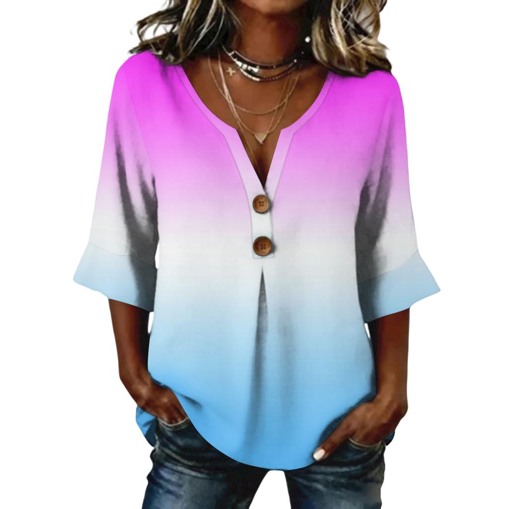 Ladies' gradient printed button casual V-neck fashionable seven quarter sleeve top