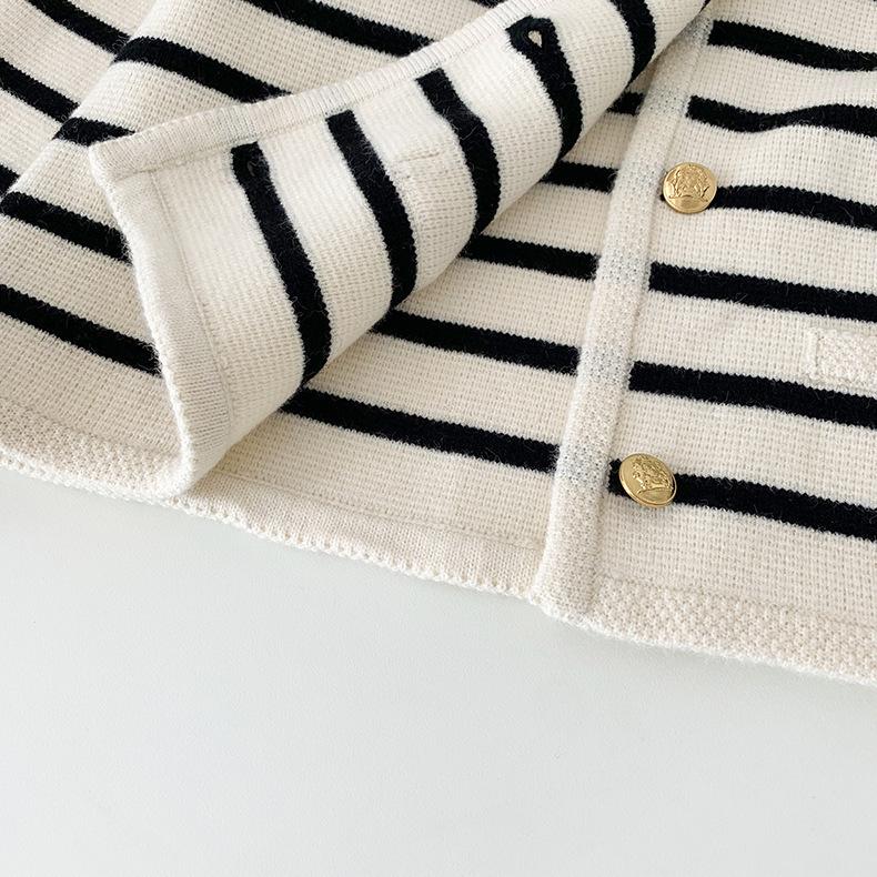 Women's Autumn Striped Knit Cardigan - French Style, Color Block, Loose Fit, Round Neck, Short Length, Long Sleeve Sweater Coat.