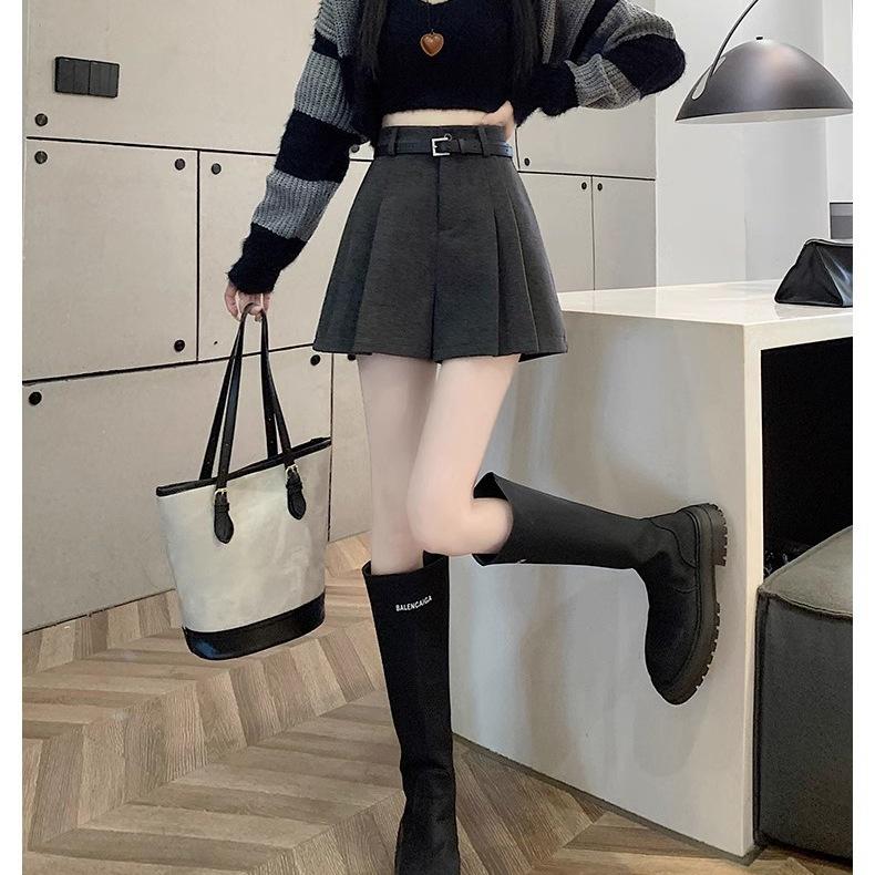 Women's Coffee Wool A-line Pleated High Waist Skirt Shorts for Autumn/Winter 2025