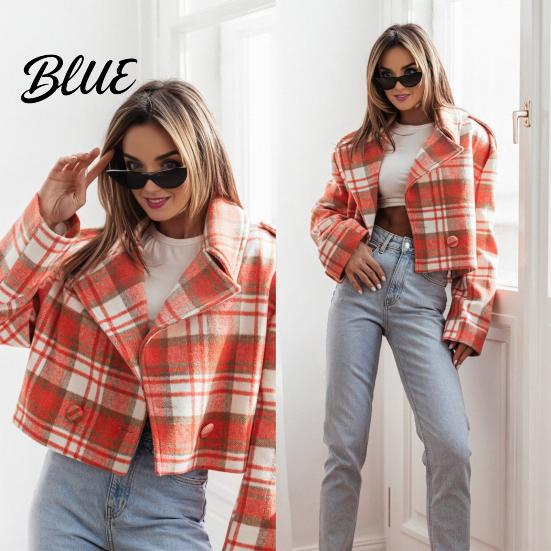 Short Design Plaid Jacket Fall Winter Women Turn-down Collar Print Long Sleeves Loose Lapel Coat Cardigan Button Decor English Style Type Outerwear