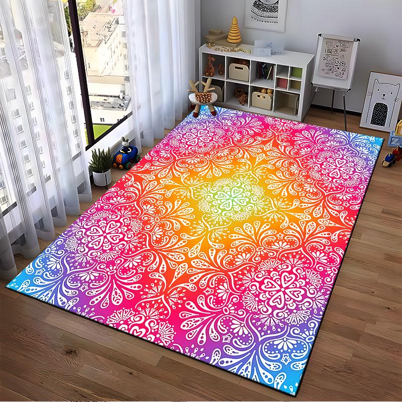 Rainbow Gradient Mandala Pattern Rug with Intricate White Designs Suitable for use as an anti-slip for living room bedroom sofas