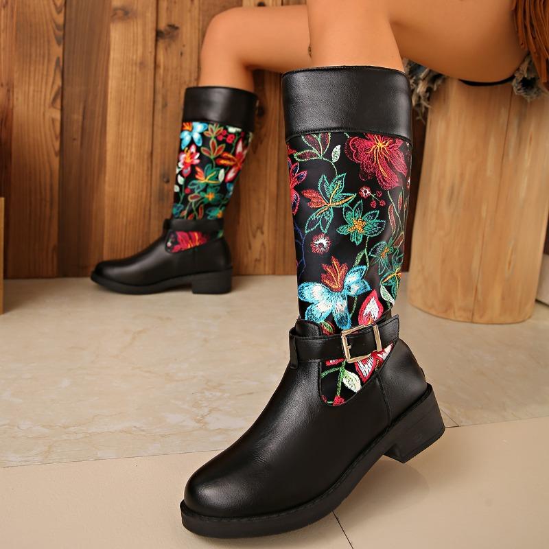 Printed High Boots Fashion Round Toe Spliced Metal Buckle Sleeve Soft Sole Non-slip Wear-resistant Block Heel Shoes