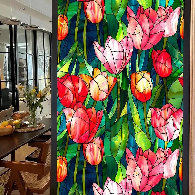 45x100cm Colorful Flower Stained Glass Film Static Cling PVC Privacy Window Film Home Living Room Office Art Decor