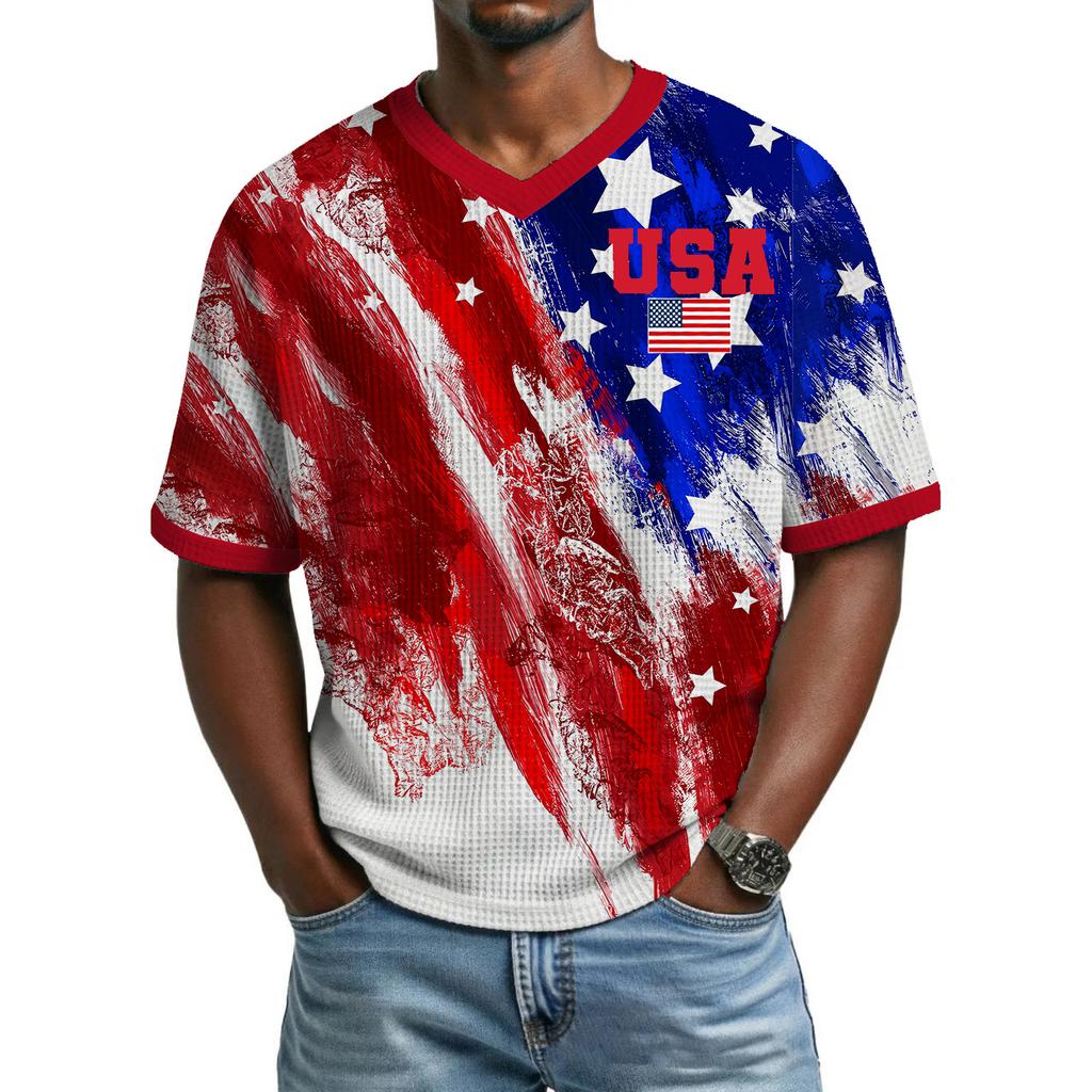 Men's Casual And Fashionable Flag-color Printed Short-sleeved Shirt. Men's Breathable V-neck Short-sleeved Shirt.