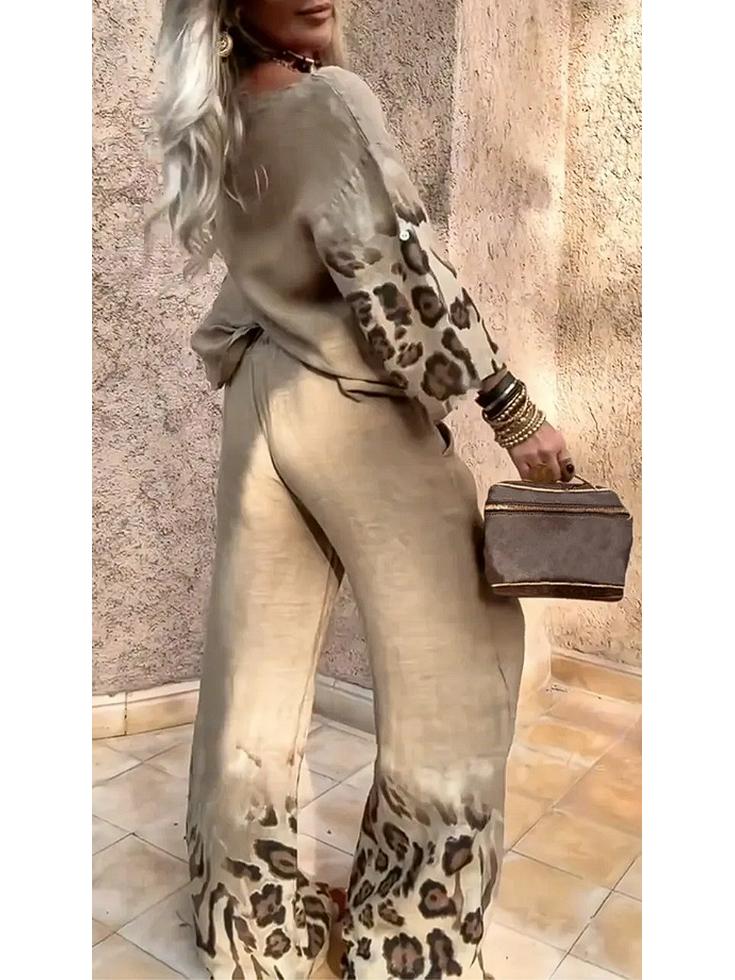 2025 Women's Casual Leopard Print Cotton Linen Two-Piece Set