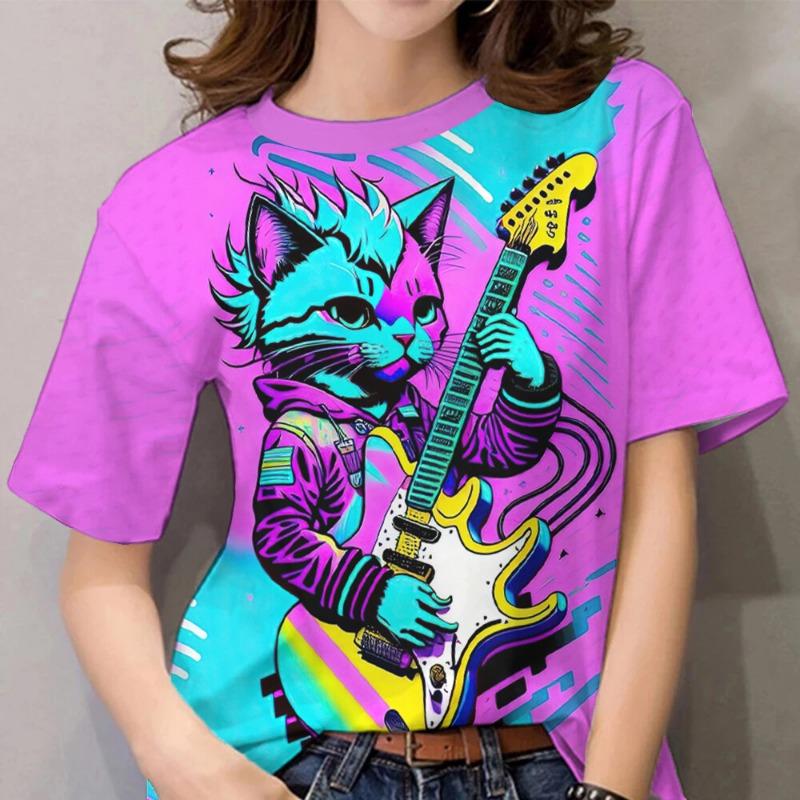 For Women 3d Cat Pattern Shirt, Daily Classic Short Sleeved Round Neck Women's Clothing Fashion T-shirt