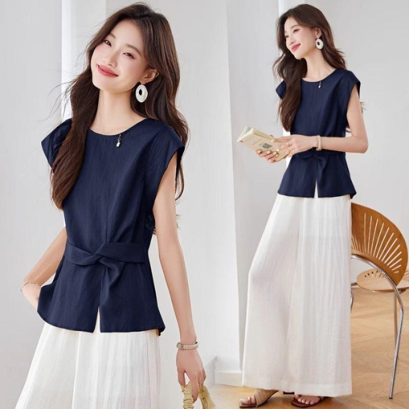 Summer Fashion Style Slimming Cotton Suit Set for Women - Sleeveless Top with Loose Wide-leg Pants Two-piece Set for Women