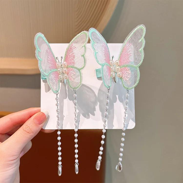 

1 Pair Ancient Clothing Fabric Butterfly Hairpin Children s Chinese Style Shaking Tassel Super Immortal Ancient Pair Color Duckbill