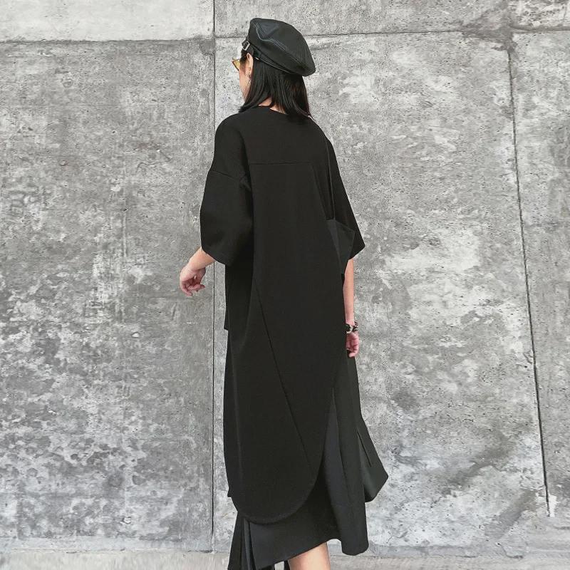 Women's Japanese Dark Style Two-Piece Set: Irregular Short Sleeve Top & Pleated Midi Skirt.