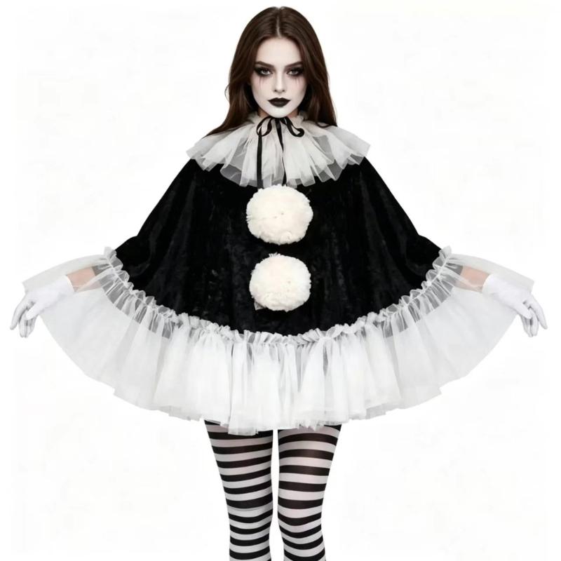 Adult Halloween Outfit Set, Black White Party Costume with Ruffle Collar and Pull On Styling for Dance Photos