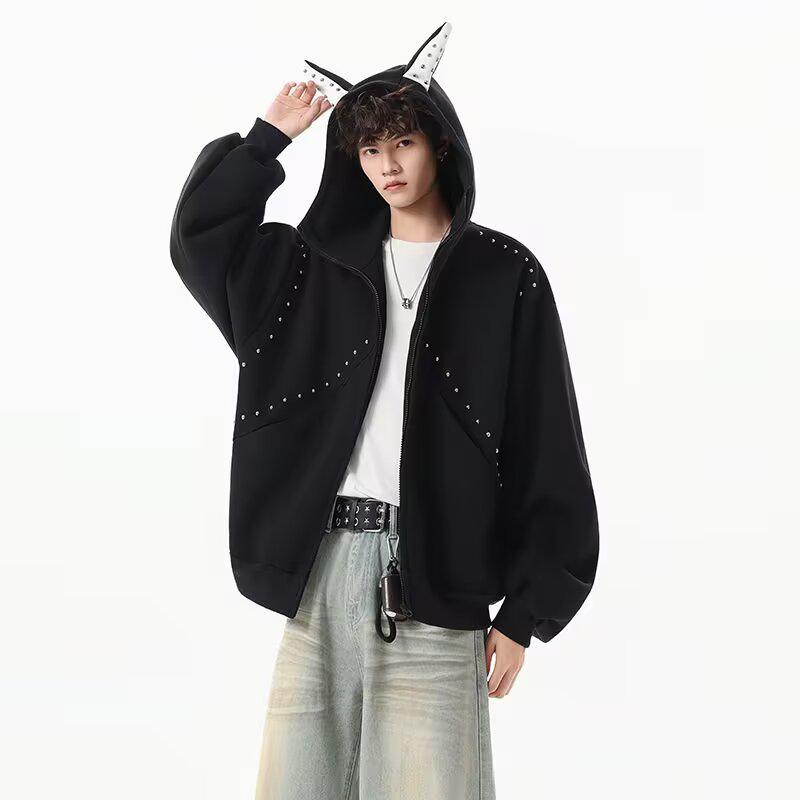 Men's Designer Rivet Patch Doberman Ear Hoodie - Autumn/Winter Trendy Heavyweight Cardigan Jacket