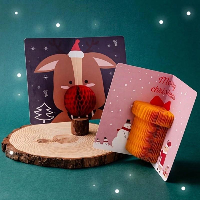 2 STÜCK/SET 3D Pop-Up Weihnachtskarten-Set mit Umschlag und Briefmarkenaufklebern - Weihnachtsmann Geburtstag Einfache Segenskarten Weihnachtskarten