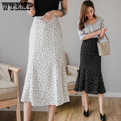 Women's Chiffon Polka Dot Midi Skirt High Waisted Long Skirt Korean Version Hip Hugging Skirt Medium Long Fish Tail Skirt