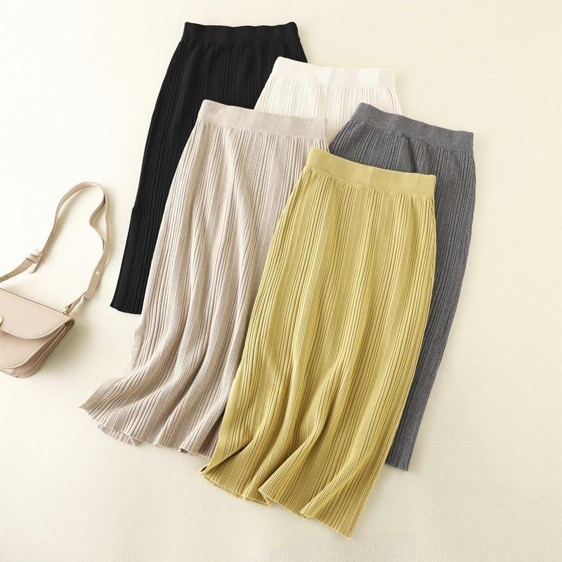 Autumn Winter Solid Color All Match High Waist Knit Sweater Skirt For Women Chic Split Hips Skirts