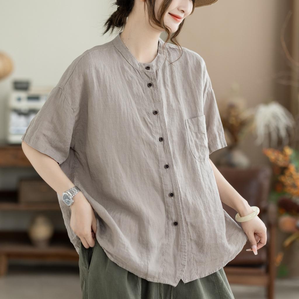 Johnature Women Vintage Shirts Tops Summer Chinese Style Solid Color Blouses Short Sleeve Pockets Female Shirts