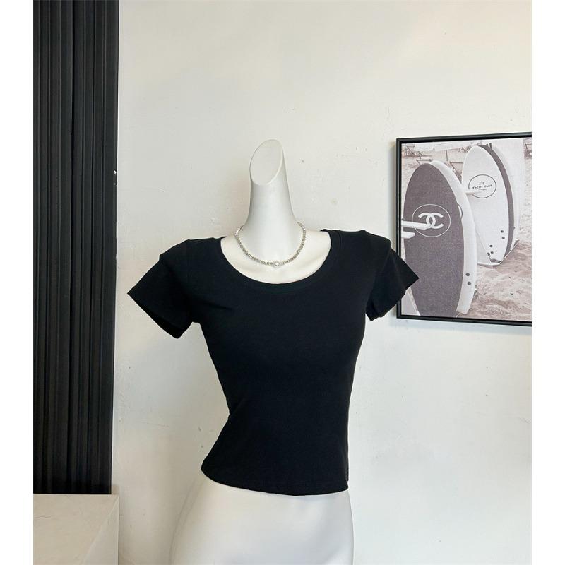 Solid Color Short-sleeved T-shirt for Women In Summer New Low Round Neck Slim Shoulder Slim Collarbone 260g Top New Style
