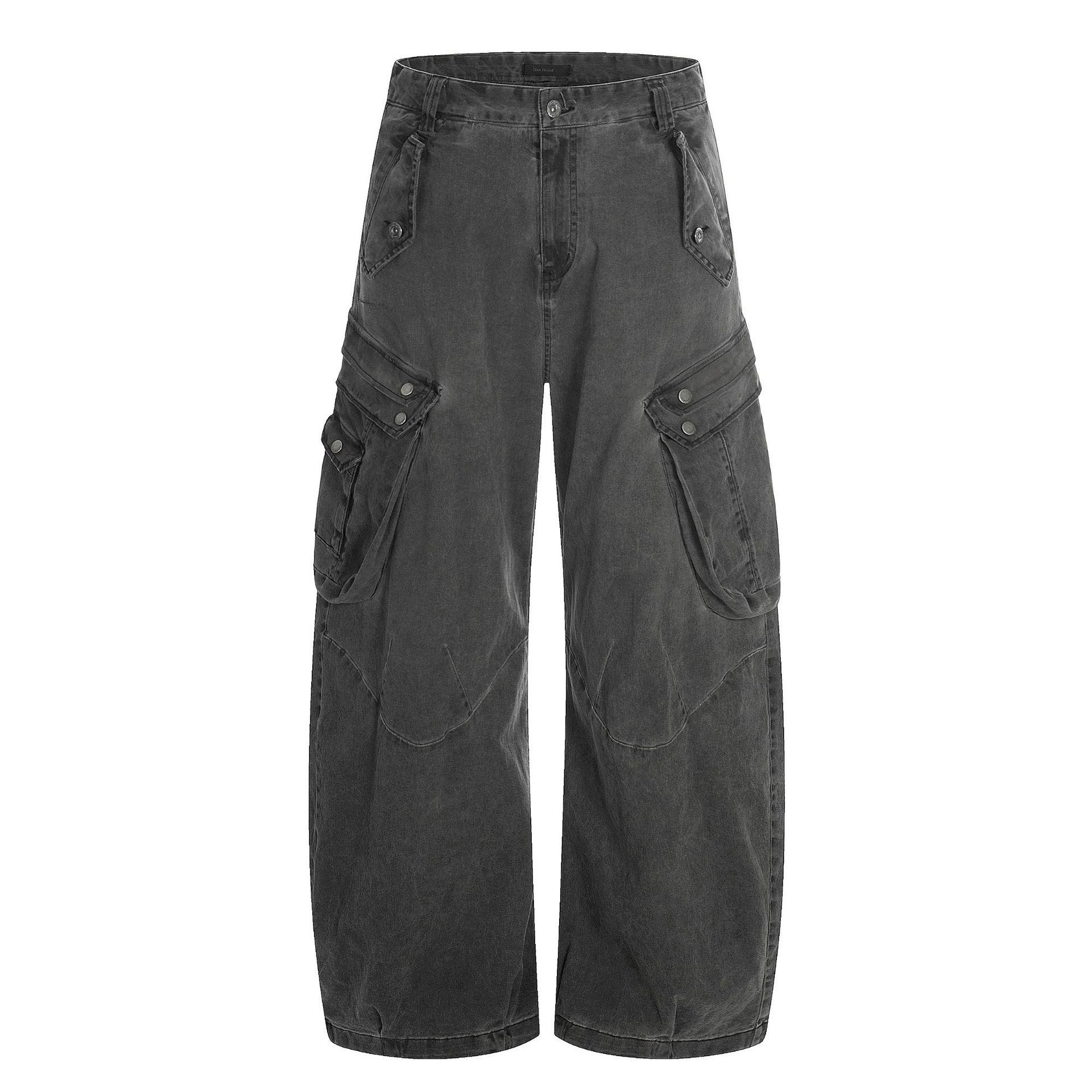 Yongfang Unisex Retro Wide-Leg Work Pants with Patchwork & Large Pockets - High Street Trendy Casual Scythe Style XL