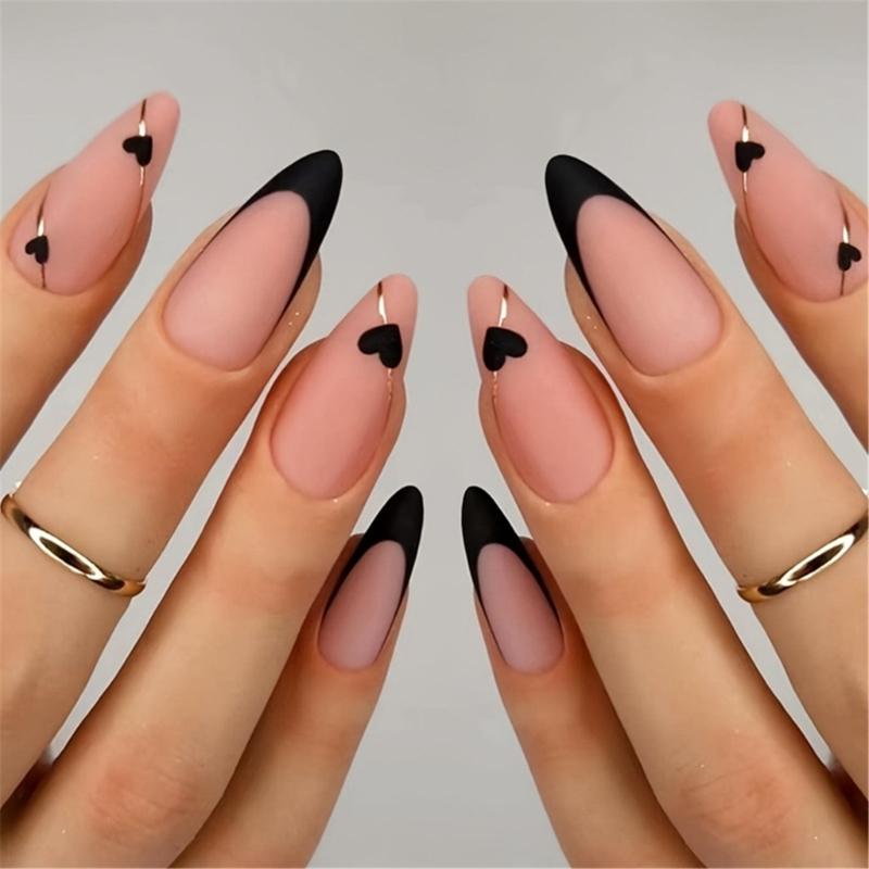 Almond Press On Nail Matte Stick on Nail French Style False Nail with Heart Designs Nail Accesories Manicure Nail Art 1