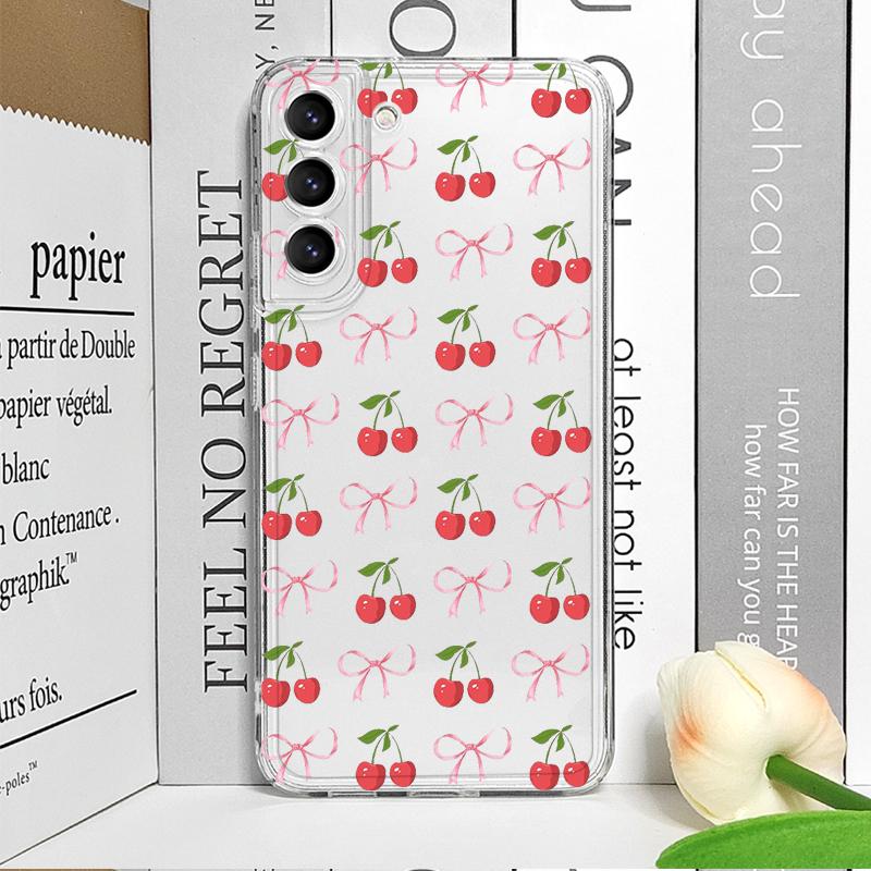 Korean Cute Cherry Bow Silicon Phone Case for Samsung Galaxy S22 S23 S24 S25 Plus Ultra S21 FE Clear Soft Shockproof Back Covers