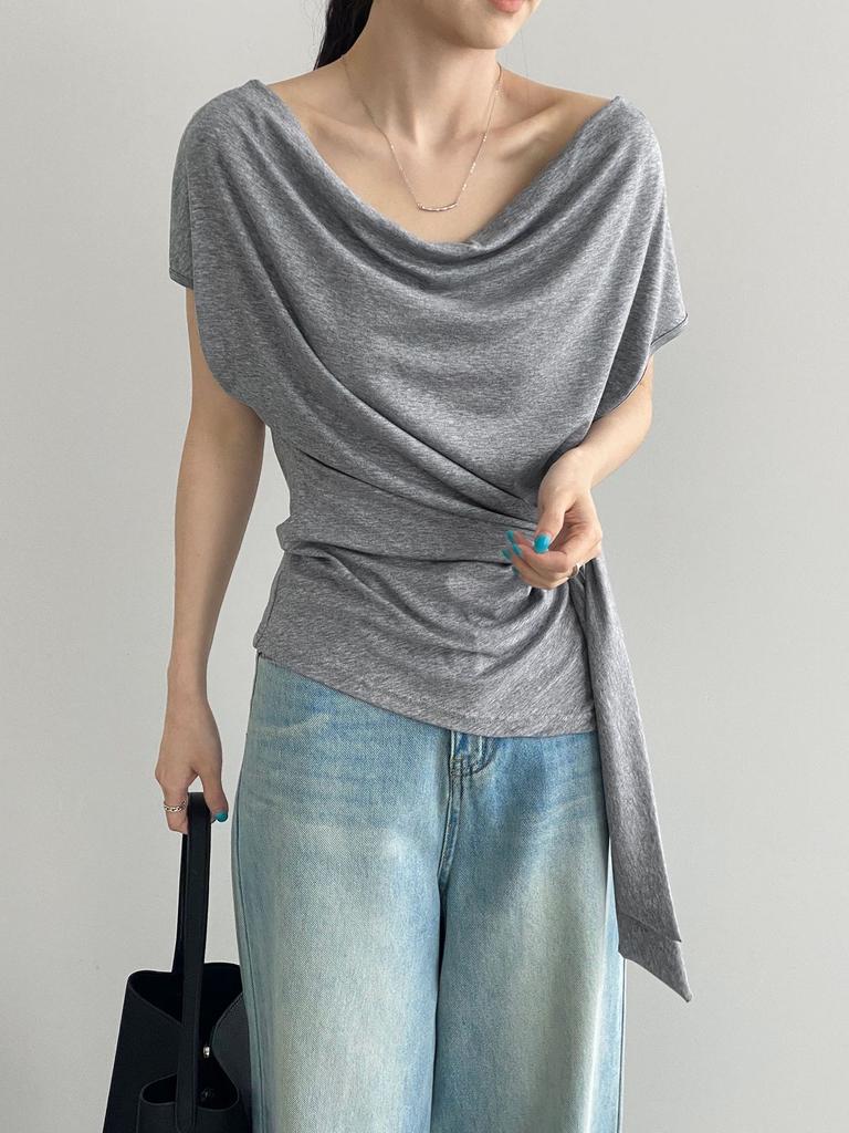 Qingshu Senior, Korean Temperament Swing Collar Strap Short-sleeved T-shirt Women's Summer Thin Irregular Top E
