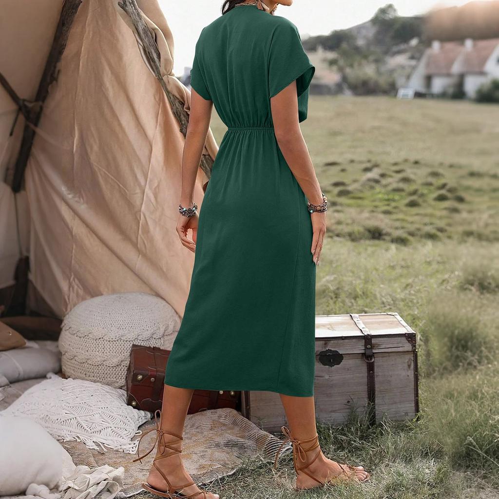 Damen V-Ausschnitt Wickelkleid Gedreht Schlitz Plissee Taille Bindegürtel Kurzarm Sommer Midi Kleider