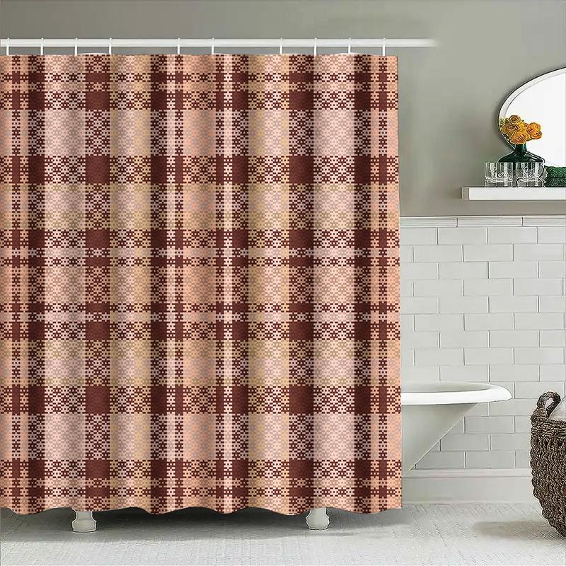 Modern Plaid Shower Curtain Waterproof Fabric, Bath Decoration With Hook Set For Home Bathroom Accessories In Red/Gold/Yellow Ch