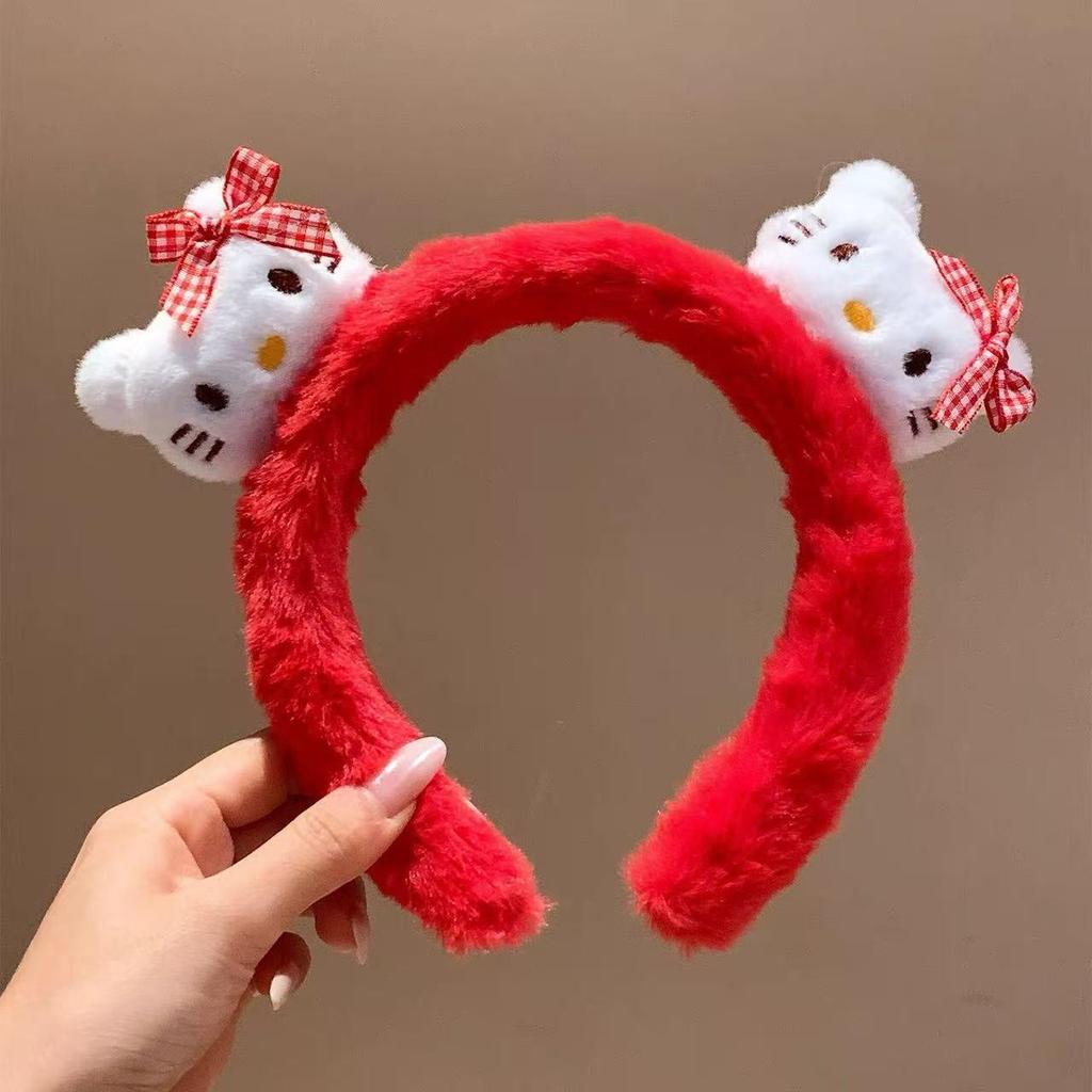 Women's Cute Red Bow Kitty Cat Plush Headband - Cartoon Hair Accessory for Washing Face & Styling, Perfect for Autumn/Winter.