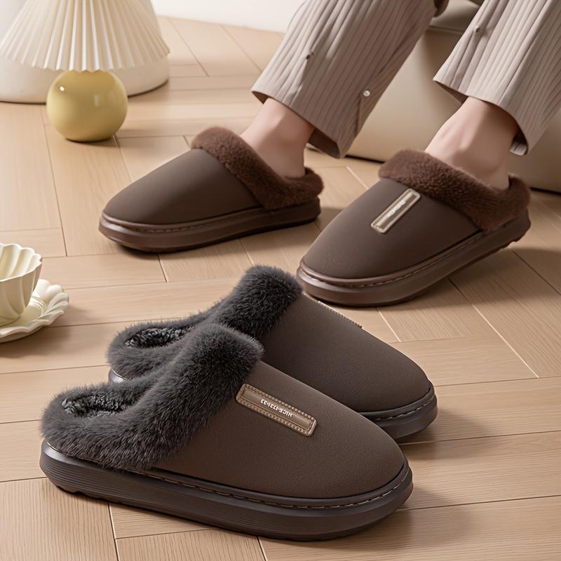 Simple Design Home Plush Warm Men's Slippers, and Wear-Resistant Thick-Soled Non-Slip Shoes, Unisex Autumn/Winter Indoor Plush-Lined Slippers