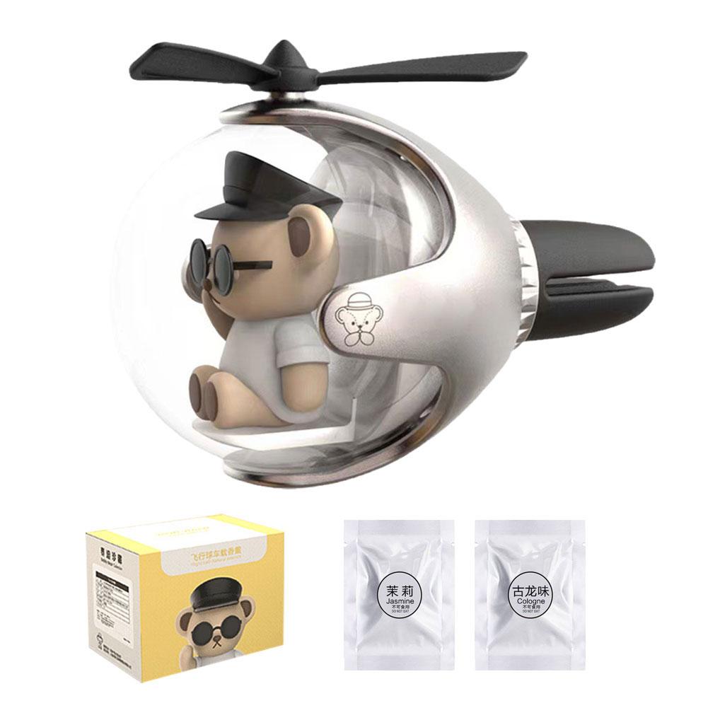 Car Air Freshener Bear Pilot Auto Accessories Interior Perfume Diffuser Propeller with Led Atmosphere Lights Outlet Fragrance