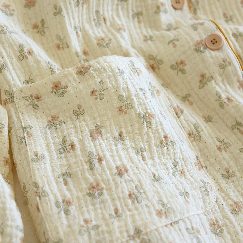 New Spring/Summer Women's Pajama Set 100% Cotton Crepe Long Sleeved Pants Ladies Two Piece Set with Chest Cushion Homewear