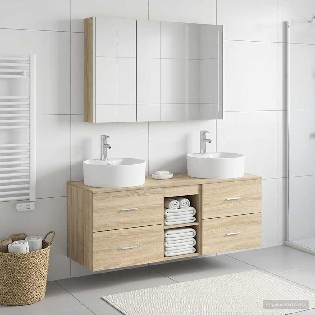 Bathroom Furniture Set 4 Pcs Sonoma Oak Engineered Wood and Glass