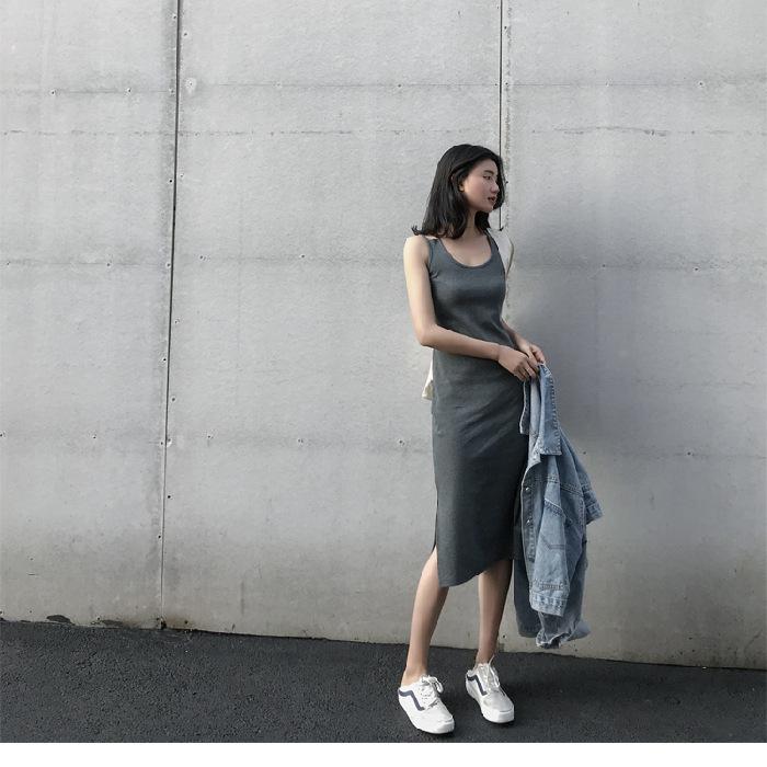 

Spring 2021 Women s Mid-Length Slit Camisole Dress - Slimming Style for Outerwear & Innerwear M серый